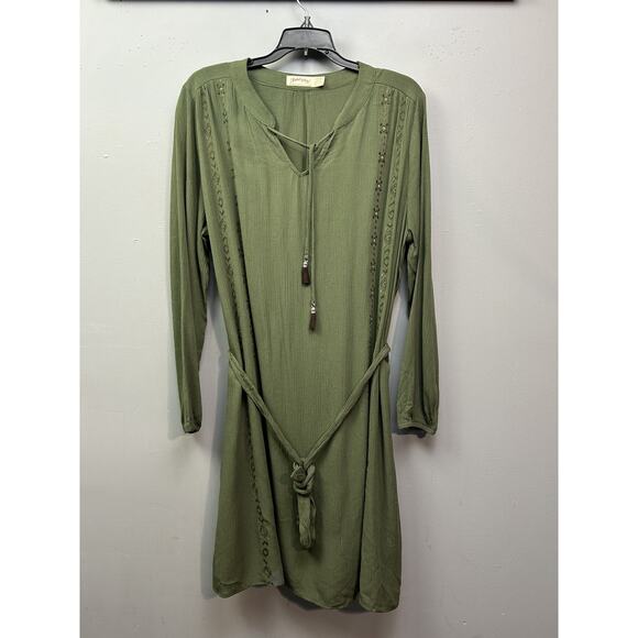 Faded Glory Dress Womens Large Green‎ Sea Turtle Boho Embroidered Tassel Belted - Picture 1 of 8